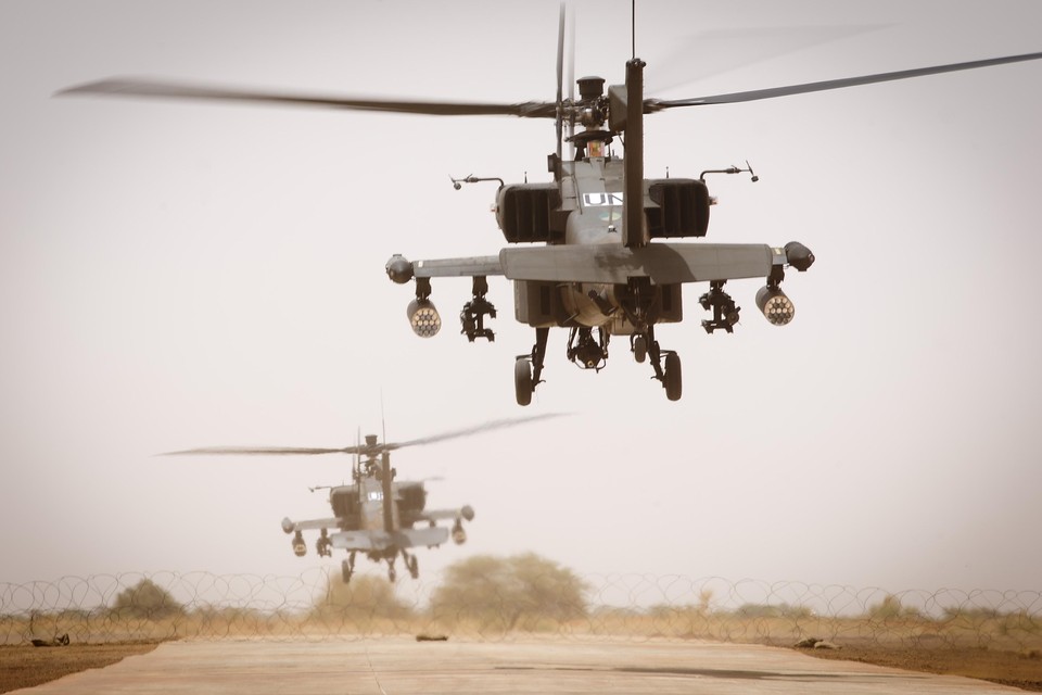 Apache gevechtshelikopters in Mali verzamelden informatie voor een vredesmissie in het Afrikaanse land.