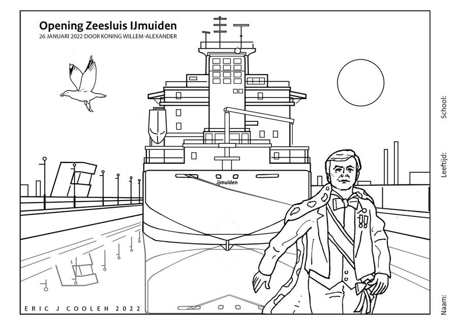 Om in te kleuren: koning Willem-Alexander en de zeesluis.