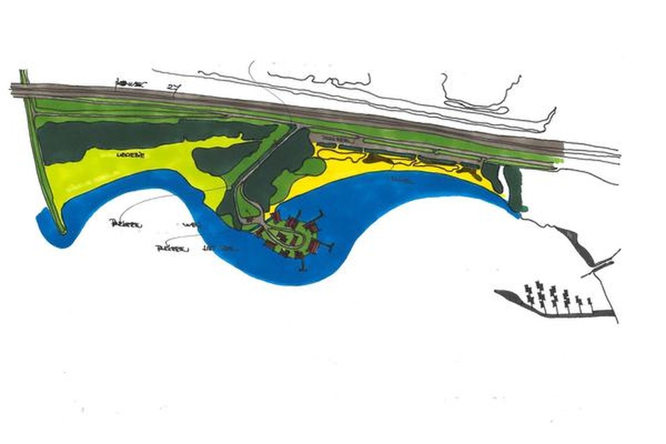 Schets van project Blaricum aan Zee vlakbij de A27 Stichtse Brug, de waterwoningen rechts op de tekening horen er niet bij.