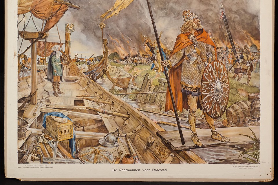Vikingen plunderen het door Frieze gestichte Dorestad.
