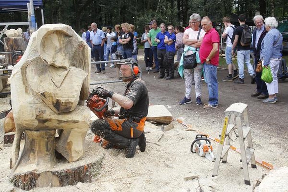 Het publiek kijkt geboeid naar de sculptuurzager die een olifant maakt.