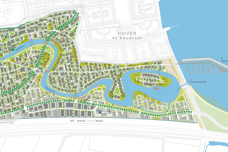Plankaart van het deel van de Blaricummermeent dat nu wordt afgebouwd. Helemaal rechts de strekdam met de drijvende woningen.