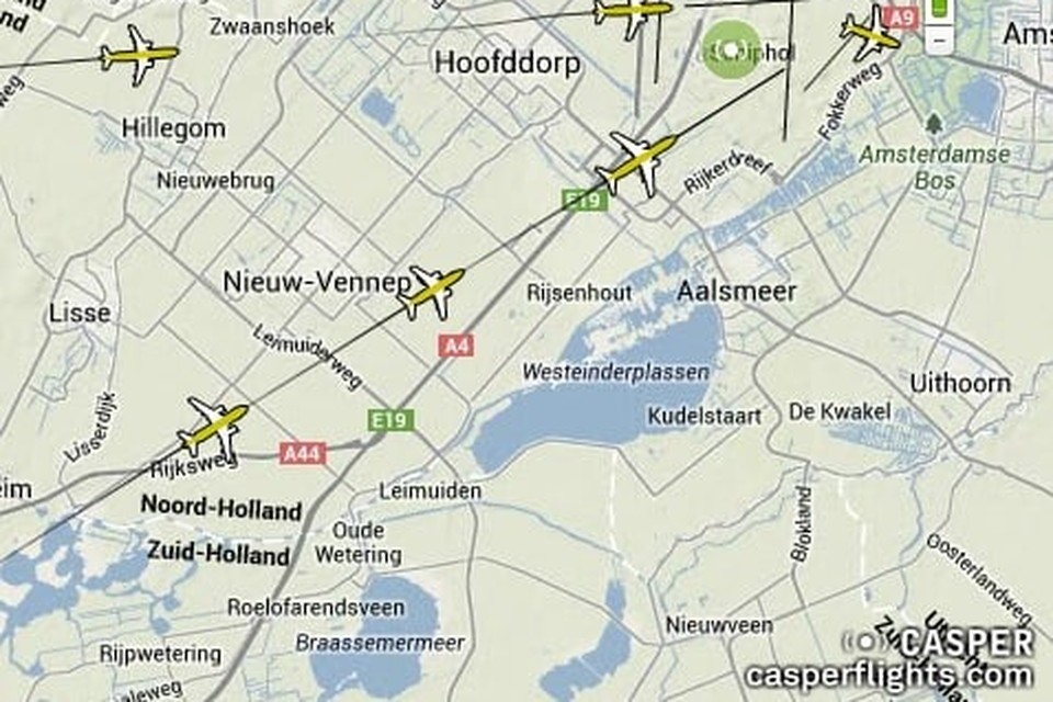 De situatie vrijdagochtend 2 mei. De overlast werd vooral ondervonden door vliegtuigen die pal uit het westen over Hoofddorp kwamen.
