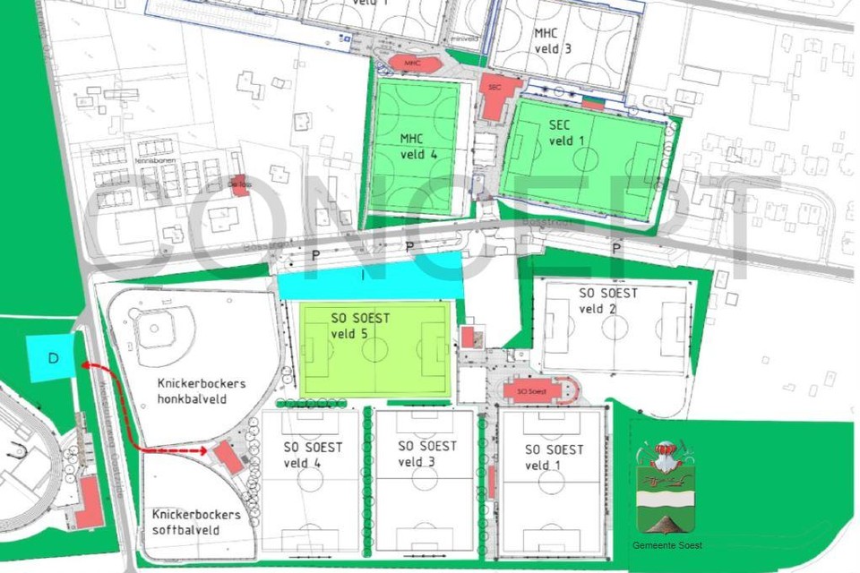 In blauw de nieuwe parkeerplaatsen, MHC krijgt er een veld bij en het hoofdveld van SEC wordt een kunstgrasveld.