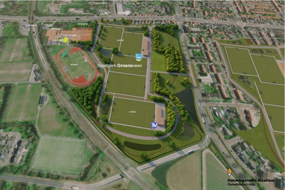 Zo zou het kunnen: rechts het nieuwe sportpark Groeneveen, links de huidige accommodatie van RKVV Velsen.