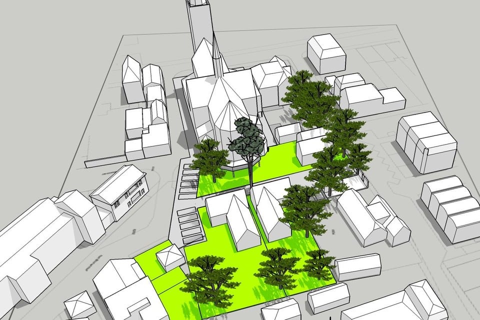 Het ’drone-model’ van de tuin van Laurentiuskerk met de drie stadsboerderijen.