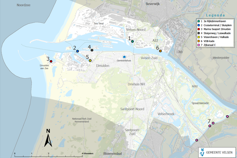 Velsen onderzocht deze locaties voor een opvangschip.