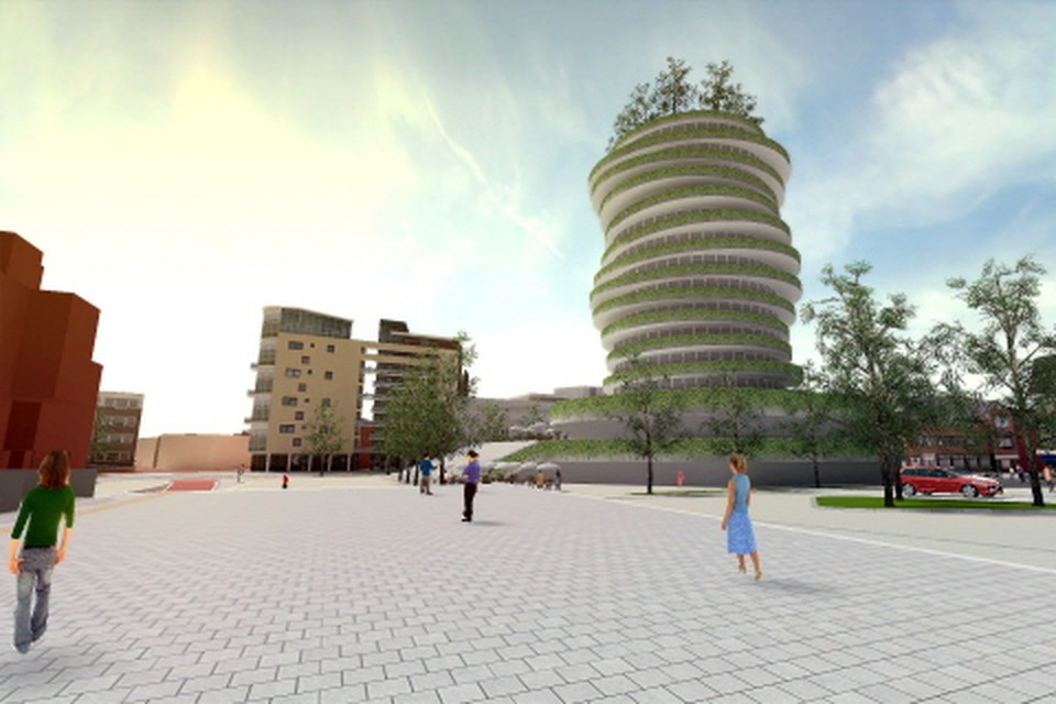 Een van de ontwerpen die de afgelopen jaren voor een toren bij station Hilversum zijn gemaakt. Illustratie Architecten Cie 