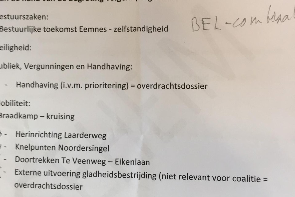 Lijst met 20 punten waarover het college hom of kuit wil van DorpsBelang en PvdA.