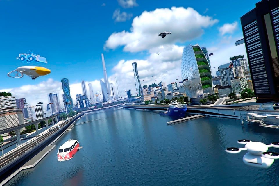 Containers en drones vliegen in 2040 langs hoge gebouwen en vliegende auto’s zweven boven het water. Zij staan allemaal via satellieten en sensoren met elkaar in verbinding en botsen doen ze niet.