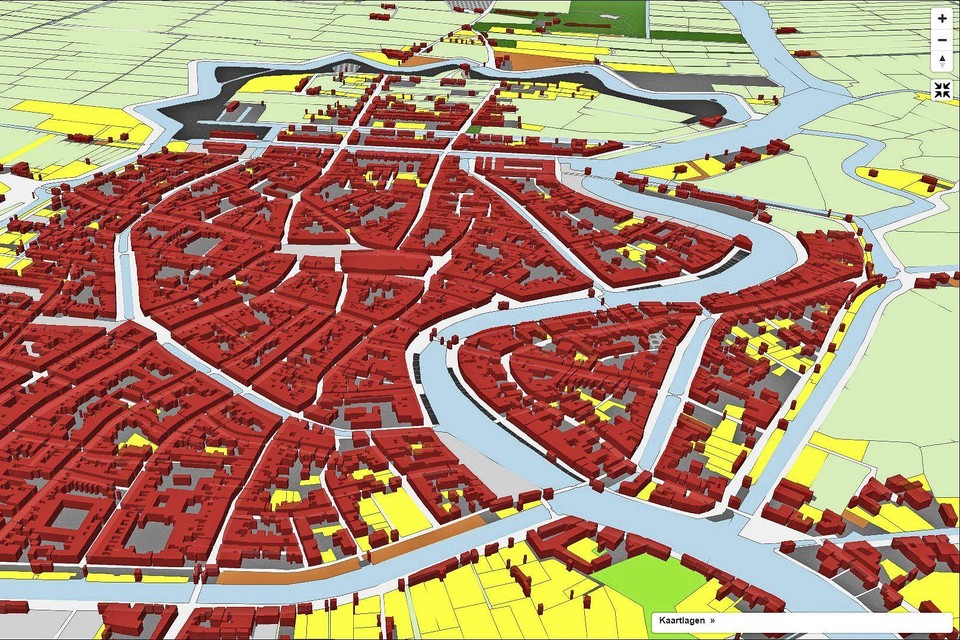 Haarlem kadastraal uit 1832, nu digitaal. Rood is bebouwing, geel is moestuin, lichtgroen de weilanden en felgroen siertuin.