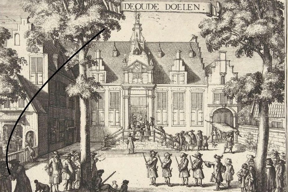 Romeyn de Hooghe, Gezicht op de Oude Doelen (1688-1689) met oefenende schutters.
