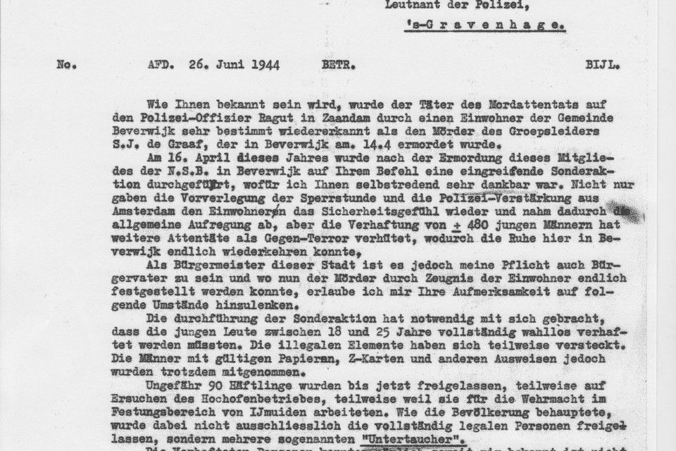 Afschrift van brief NSB-burgemeester Van Grunsven van Beverwijk aan SS-leider Rauter, met het pleidooi om de 400 overgebleven gijzelaars van de razzia van 16 april 1944 weer vrij te laten.