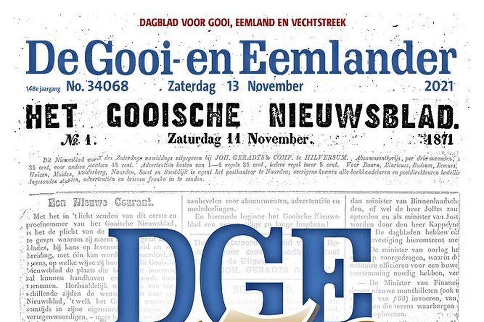 Voorpagina van de speciale bijlage die zaterdag verschijnt rond het 150-jarig bestaan van De Gooi- en Eemlander.