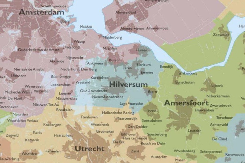Rationeel getrokken nieuwe gemeentegrenzen. Illustratie Atlas voor gemeenten.