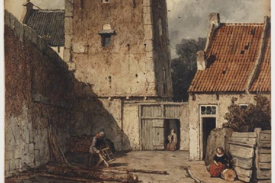 De aquarel 'De Goilberdingerpoort te Culemborg' van Jan Weissenbruch. Teylers Museum zou het graag willen tentoonstellen naast de gelijknamige ets en het nog niet getraceerde schilderij.