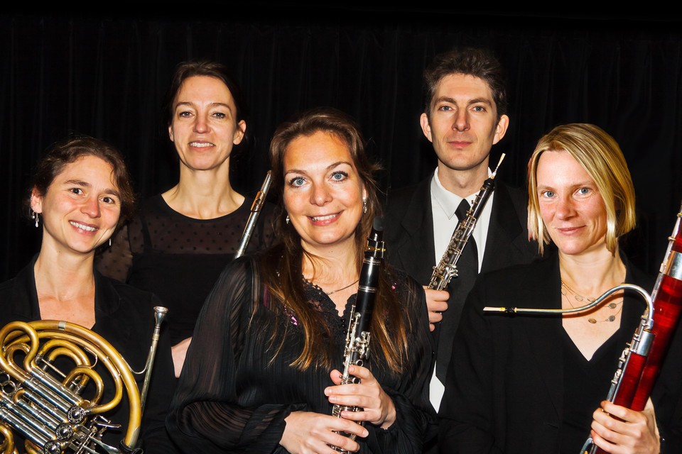 Lies Molenaar, Karin Leutscher, Cécile Rongen, Arco van Zon en Birgit Strahl (v.l.n.r.) vormen het Eolian Ensemble.