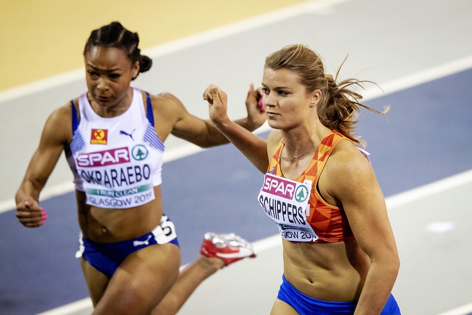 Dafne Schippers op de 60 meter tijdens het EK Indoor Atletiek 2019 in Glasgow.