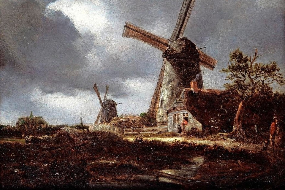 John Constable, Landschap met windmolens bij Haarlem (1820) naar Ruisdael (detail)