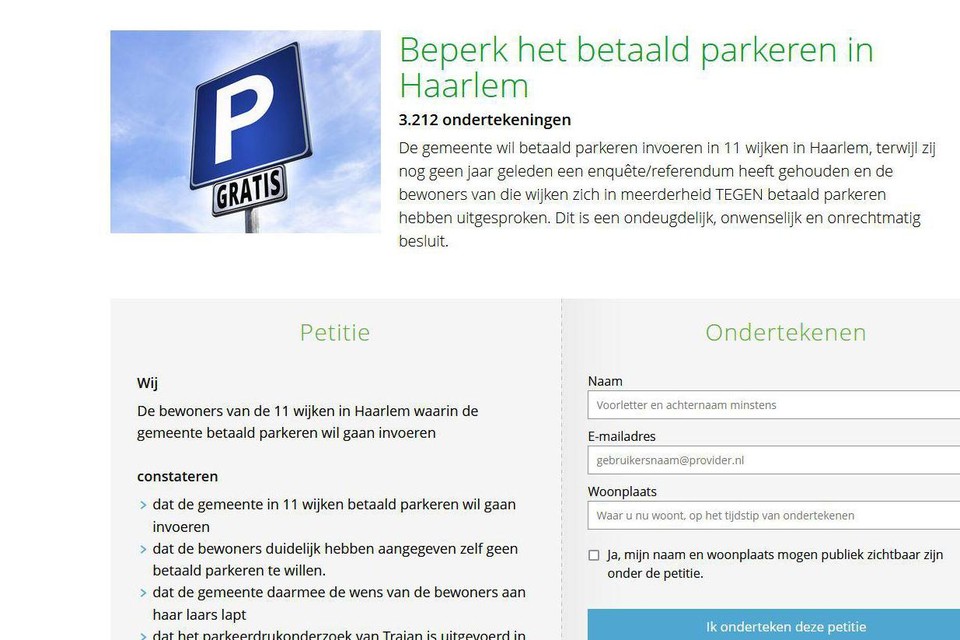 De petitie tegen betaald parkeren in Haarlem.