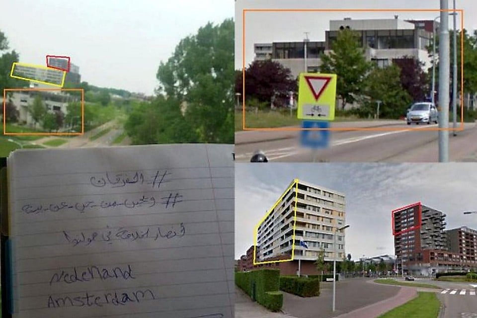 Links de foto van het briefje met de tekst ’Aanhangers van het kalifaat in Nederland’. Onderzoekscollectief Bellingcat achterhaalde al snel dat de plaat vanuit een flat in de Hoofddorpse wijk Graan voor Visch was geschoten.