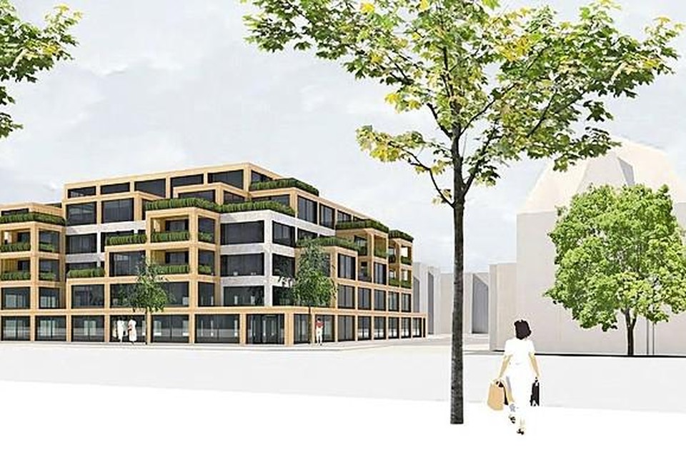 Een tekening van het gebouw bij de Haarlemmerhout waar mogelijk meer sociale huurwoningen in komen.