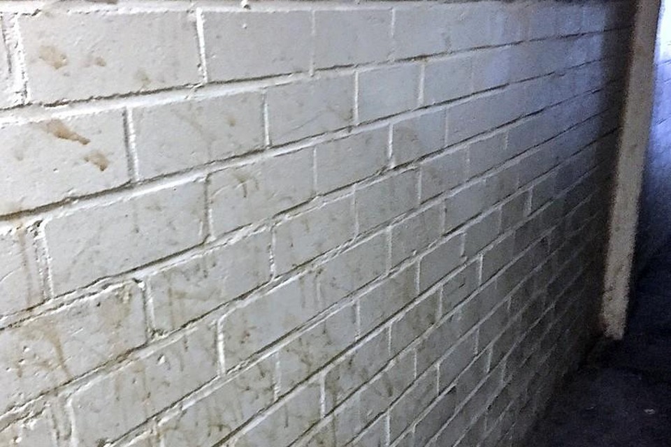 De vieze muur, achtergelaten door drugsgebruikers. En dan toch maar weer schoonmaken.