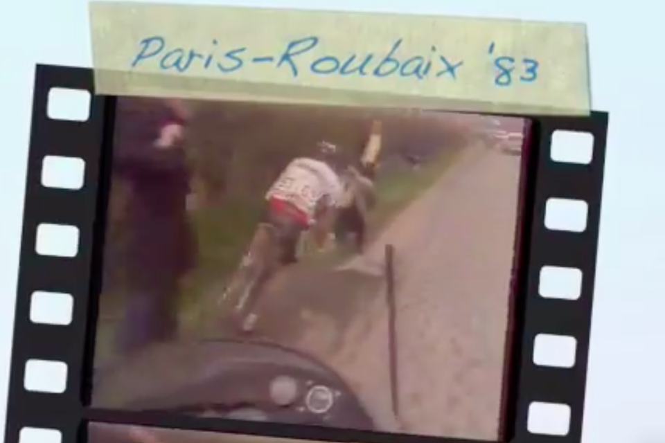Beelden van Parijs-Roubaix 1983: Hennie Kuiper moet uitwijken voor de hurkende man die links van de weg staat.