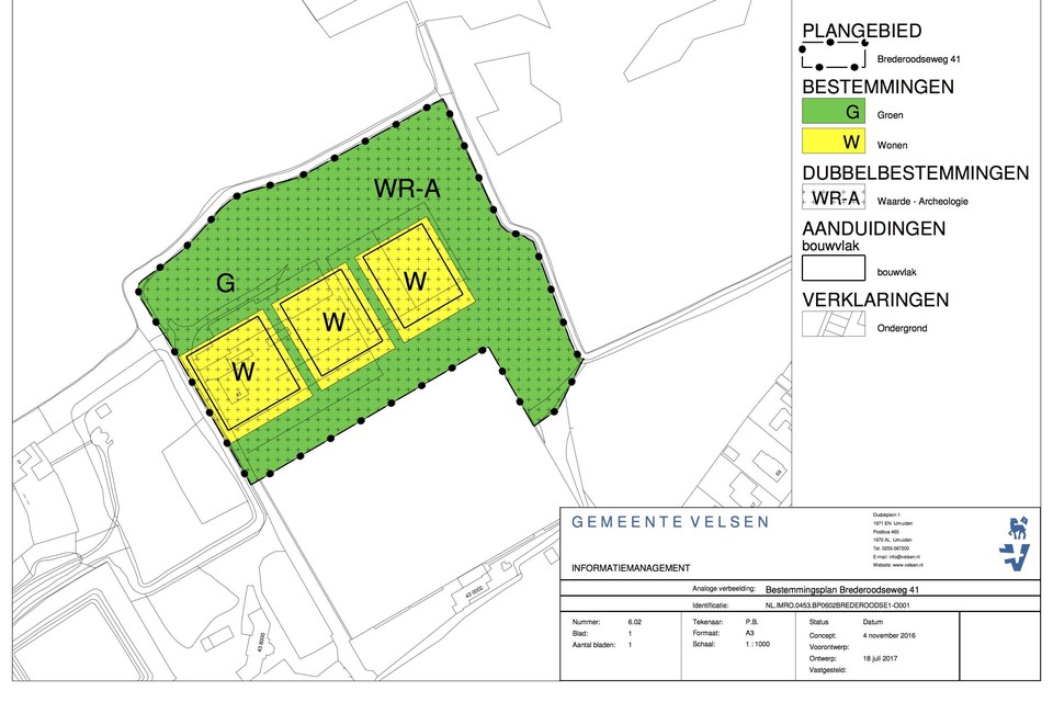 Het plan voor Brederoodseweg 41: groen (G), wonen (W) en archeologische waarde (WR-A).