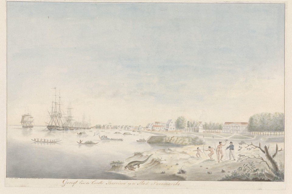 Nederlandse schepen op de rede van Suriname, 1772. De Schotse soldaat Gabriel Stedman, die ook een goede tekenaar was, vocht tegen de Marrons in Suriname.