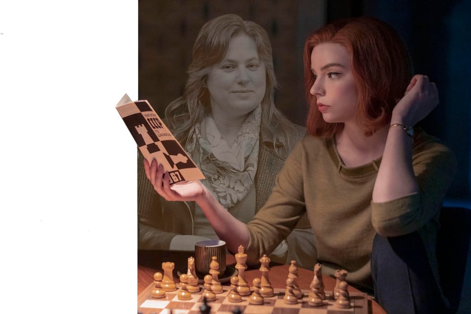 Beth Harmon, het schaakgenie in ’The Queen’s Gambit’, roept herinneringen op aan Judit Polgar (montage), ’s werelds beste schaakster ooit.