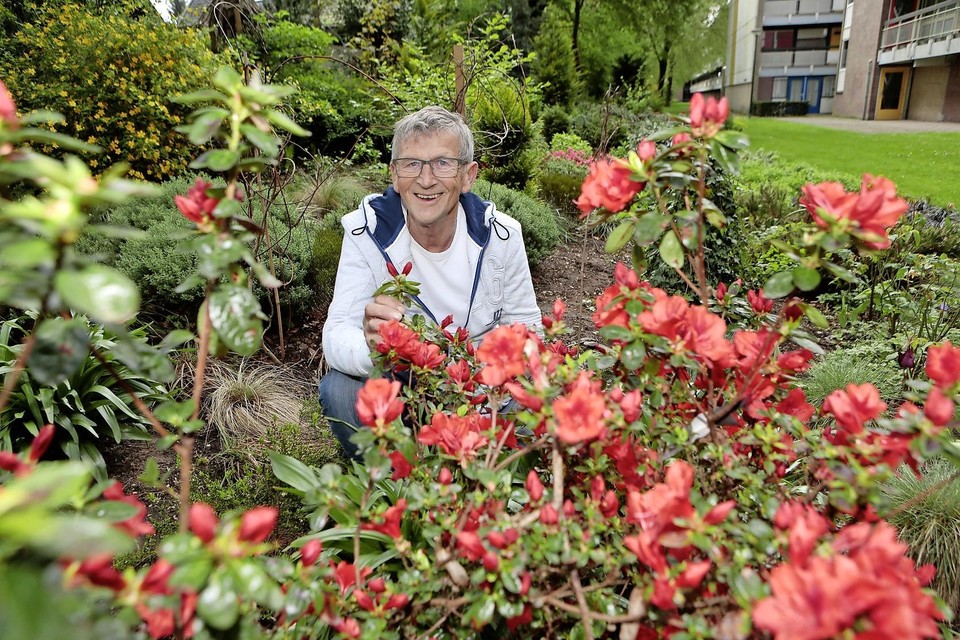 Smitsvener Ruud Buxtorff in zijn zelf gekweekt paradijsje achter de flat aan de Kamperfoeliestraat
