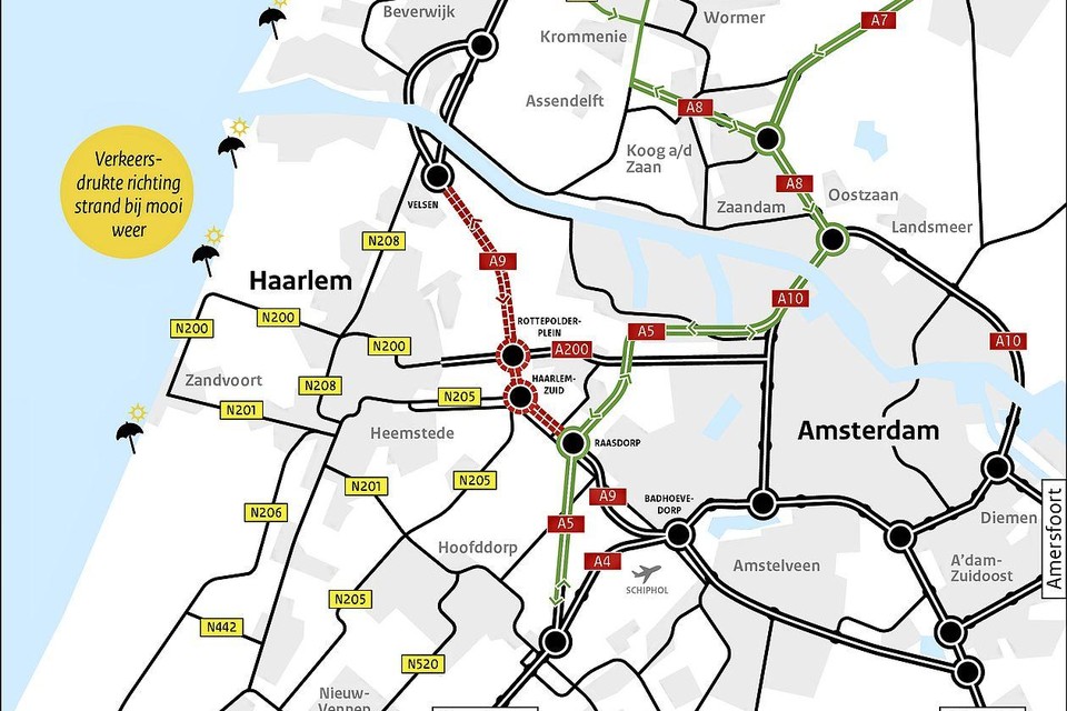 De aangegeven wegwerkzaamheden en adviesroutes van Rijkswaterstaat.