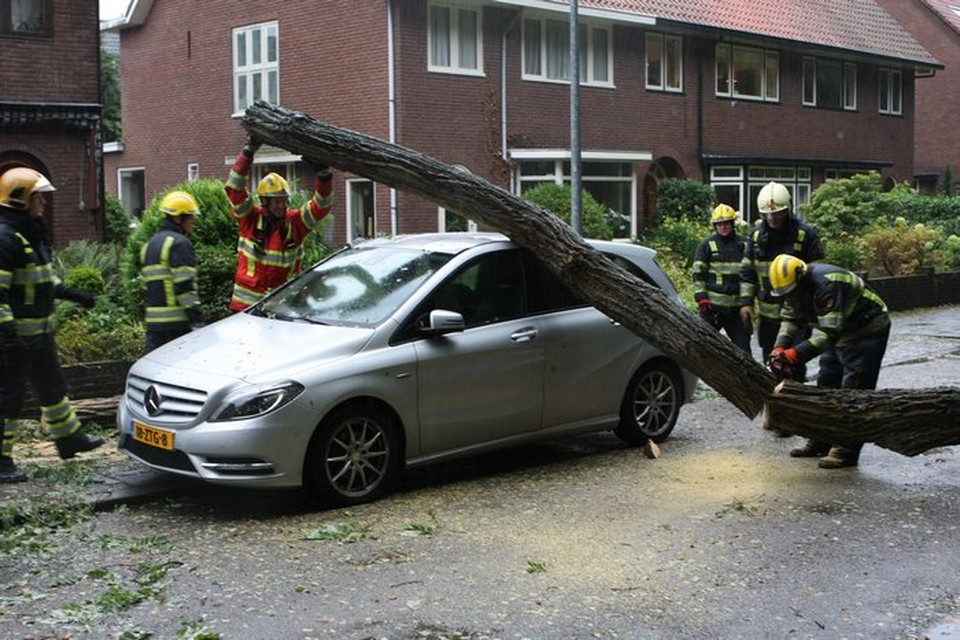 Brandweer verwijdert een boom, die aan de Wezellaan in Hilversum op een auto was beland. (Foto Wessel Kok)