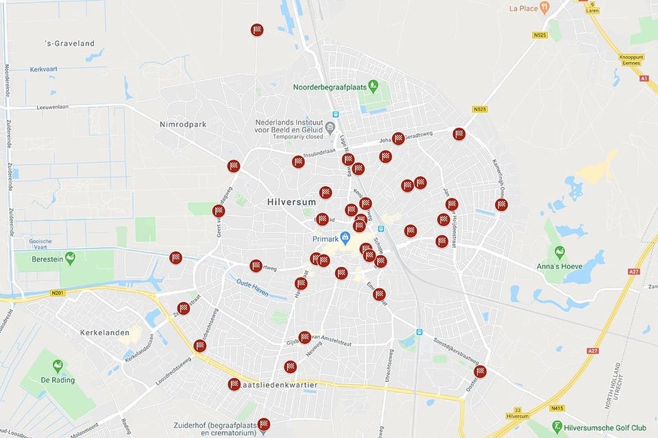 De plekken in Hilversum waar volgens onze lezers wegpiraten actief zijn. Sommige straten zijn meermaals genoemd.