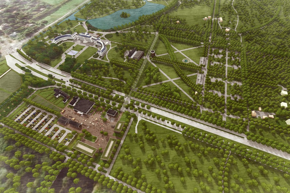 De plannen zoals Made by Holland die ziet. Links het paleis, rechts op de tekening de woonwijk in de bossen.