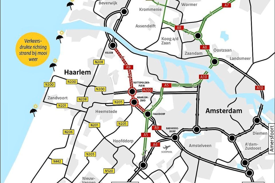 Routekaart voor de wegwerkzaamheden aan de A9.