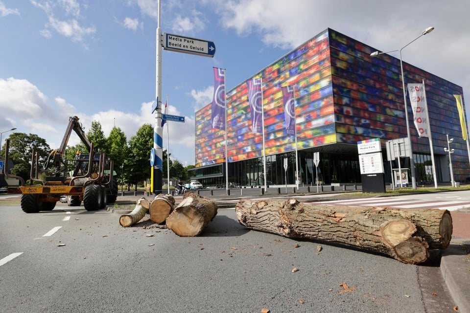 Boomstammen voorkomen dat automobilisten het Mediapark in Hilversum op kunnen rijden.