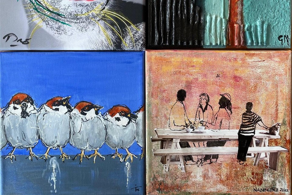 Vier canvasjes (20x20cm) van, met de klok mee, Dré Selling, Gea Nagel, Nanneke Bastiaan en Tineke van Hout.