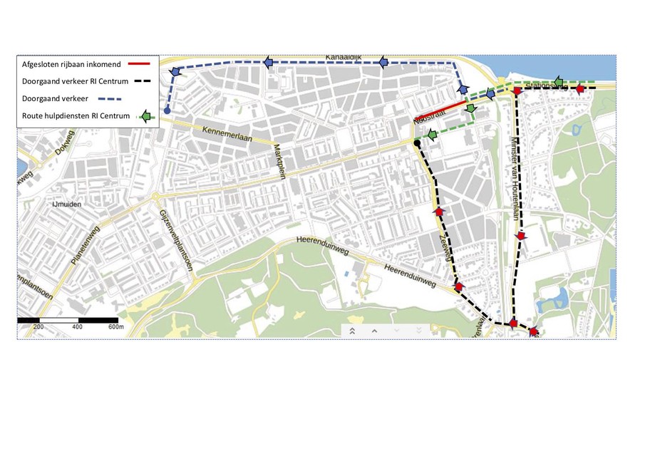 De omleidingsroute (zwart met rode pijlen) in de eerste fase als de De Noostraat voor inkomend verkeer is afgesloten.