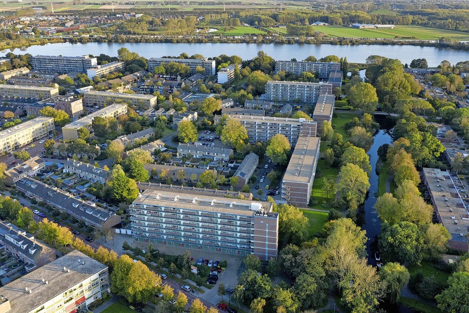 De vier flatgebouwen met op de achtergrond de Meerwijkplas.