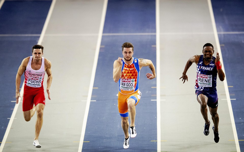 Joris van Gool op de 60 meter tijdens het EK Indoor Atletiek 2019 in Glasgow.