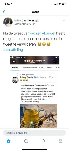 Screenshot of the tweet from the municipality and the reactions of Thierry Baudet and Ralph Castricum.