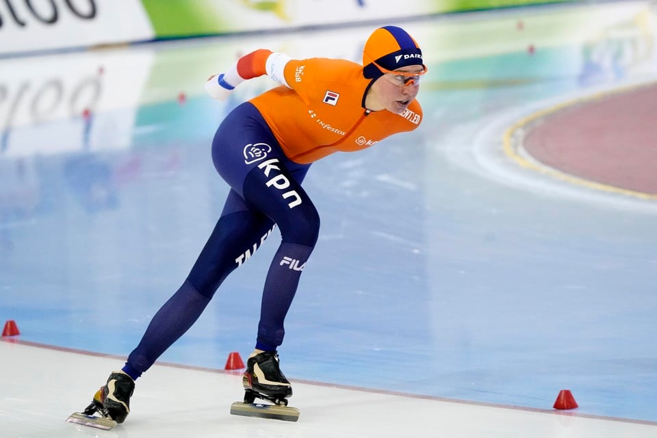 Esmee Visser tijdens de rit op de 3.000 meter op het WK afstanden schaatsen.